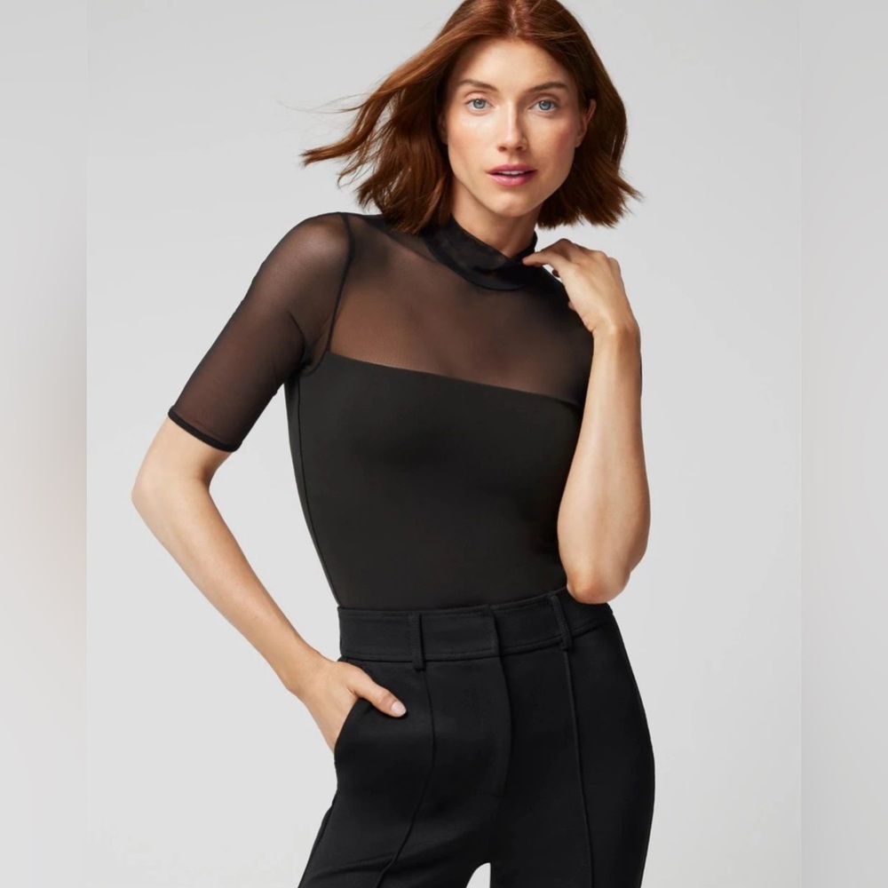NEW White House Black Market Elegant Black Sheer Mesh Inner Built In Sleeve Top